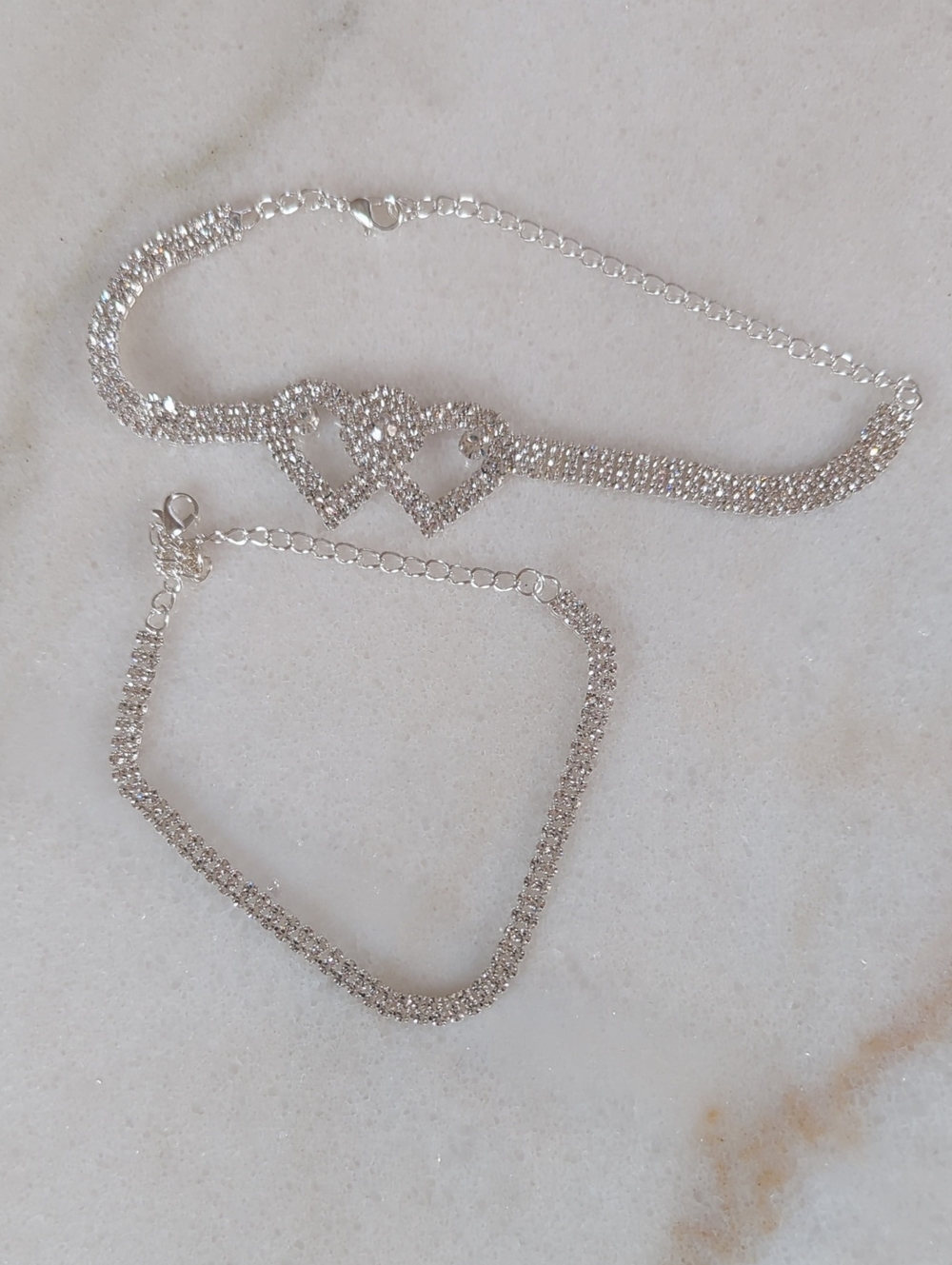 NWT Silver Crystal Double Heart Necklace and Bracelet Set